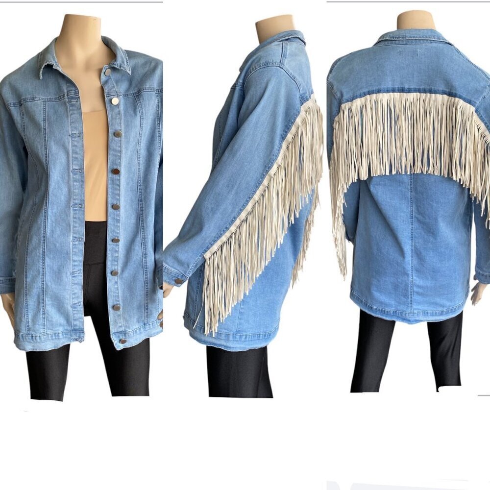 SHEIN Western Fringe Denim Jean Long Jacket Sz S​​​​​​